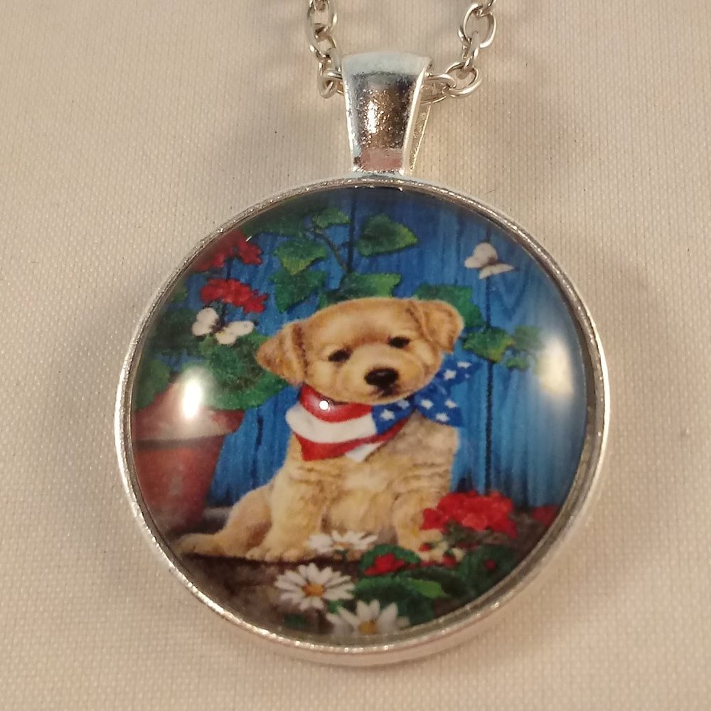 Silver Puppy Dog Flag Scarf Daisy Flower Cabochon Pendant Necklace 20" Gift